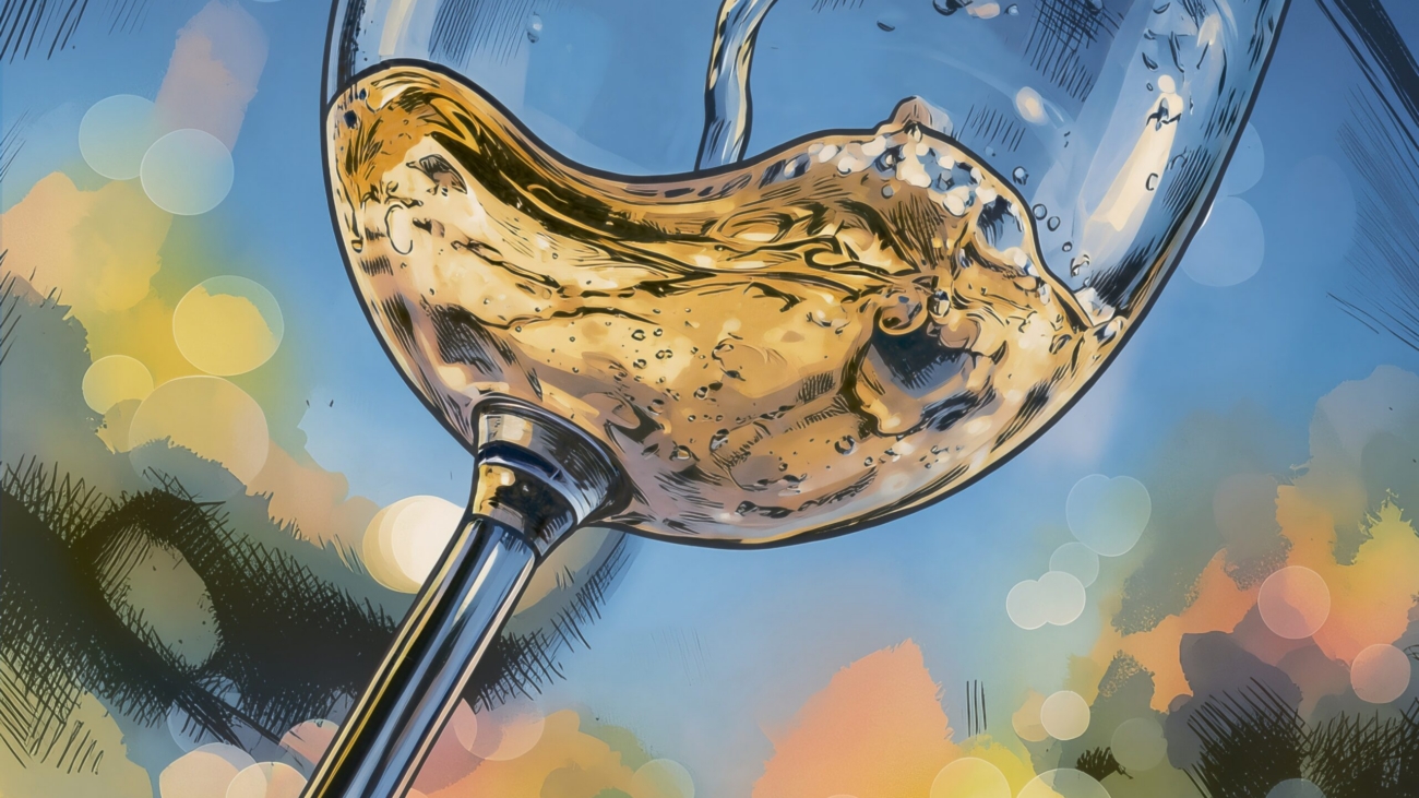 Colorful close-up of pouring white wine in a glass