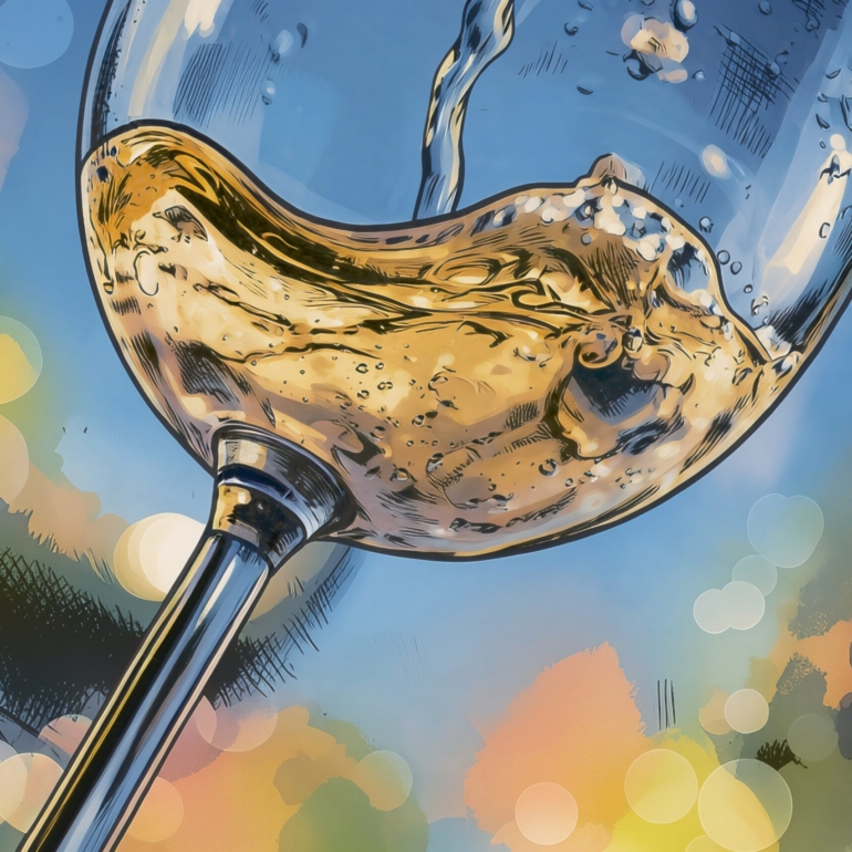 Colorful close-up of pouring white wine in a glass